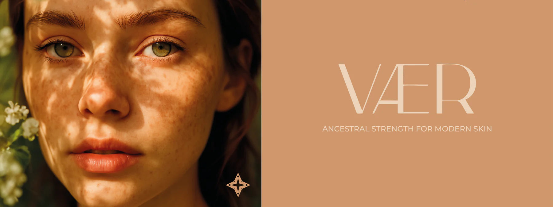 Woman with natural makeup and green eyes on a brown background with 'VAER' brand logo.