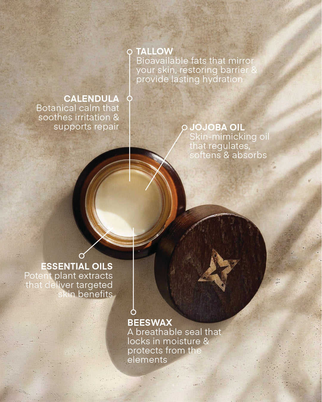 Open jar of cream with labeled ingredients on a textured surface