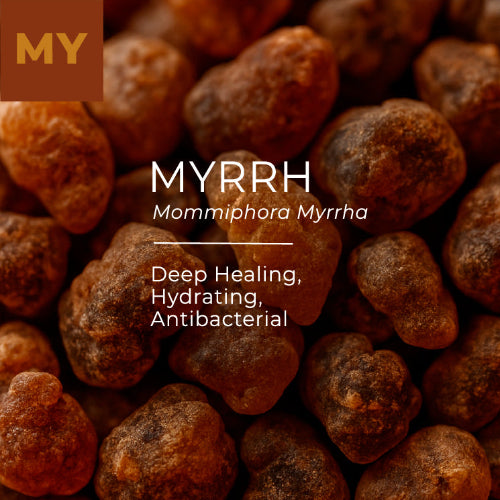 Close-up of myrrh resin with text highlighting its properties and brand.