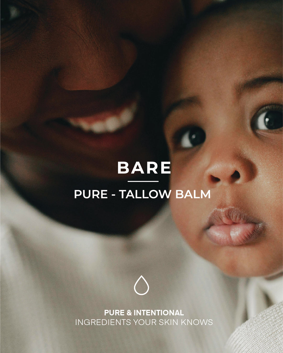 Person holding a child with 'BARE Pure Tallow Balm' branding and text.