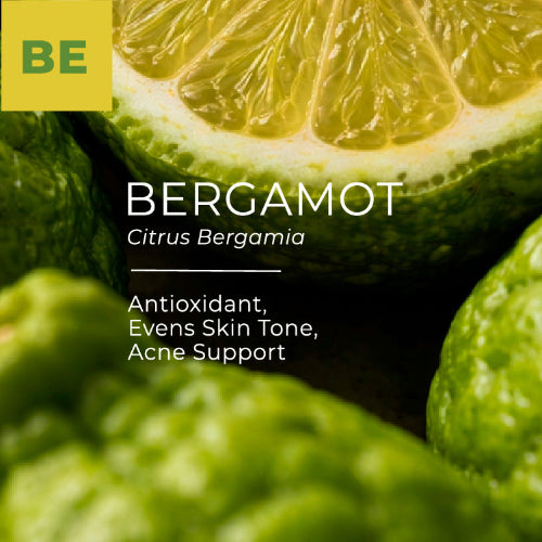 Close-up of bergamot fruit with text highlighting its benefits.
