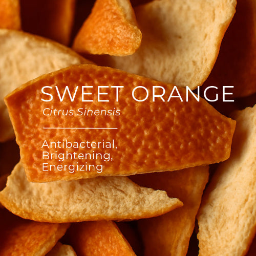 Orange peels with text overlay on a dark background