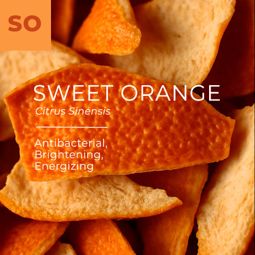 Orange peels with text about sweet orange and its benefits