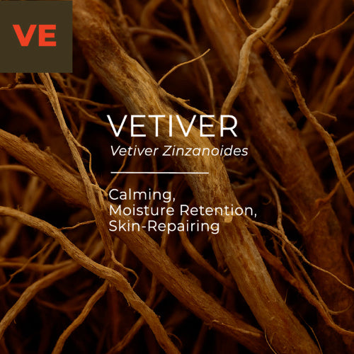 Close-up of vetiver roots with text about its properties and brand 'VE'.